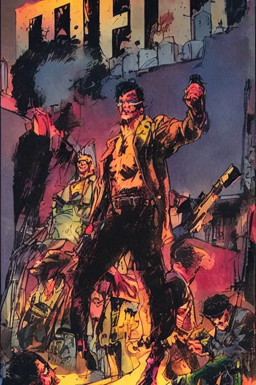 Prompt: comic cover for a book about 4 hit men arriving in the same secluded town. art by bill sienkiewicz.