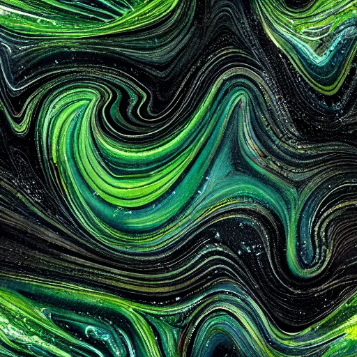 Prompt: beautiful liquid marble texture with oil bubbles and twirls. harmonic black and green tones coloured galaxy abstraction. ultradetailed realistic art
