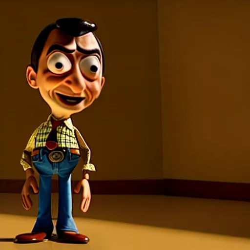 Prompt: mr. bean as woody from the toystory movie. movie still. cinematic lighting.