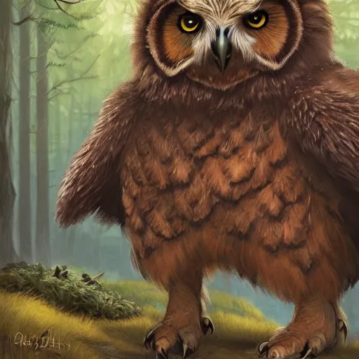 Image similar to three quarter portrait of an owlbear in the forest, d & d, fantasy, magali villeneuve,