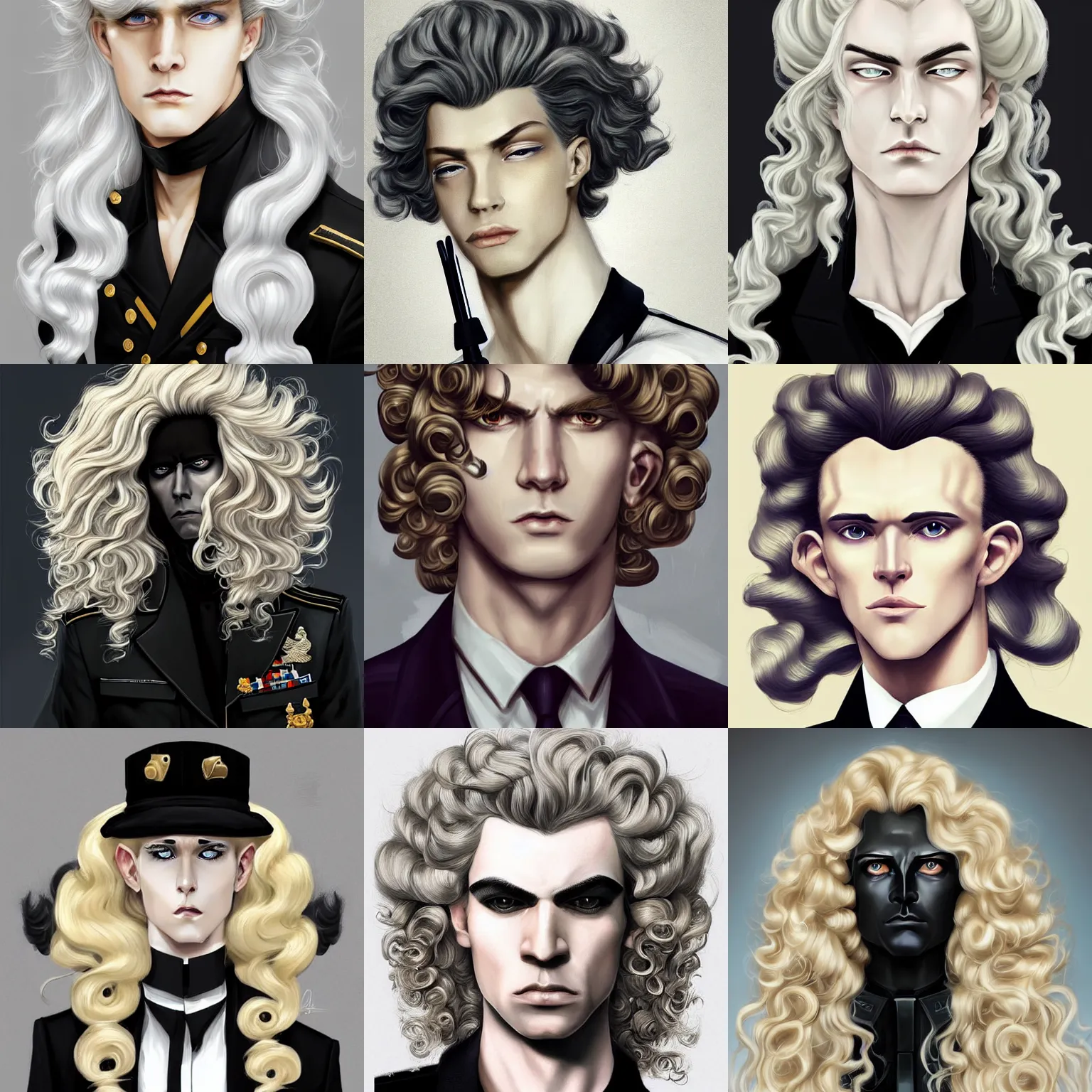 Prompt: beautiful cruel androgynous male Lucius in black military uniform with pale blond curly drill curls long hair, very very long luxurious fluffy blond long curls of hair, porcelain pale skin, elegant menacing cyborg male with a human face, 2d, ultra highly detailed, digital painting, smooth, sharp focus, artstation, trending on artstation, art by Ilya Kuvshinov