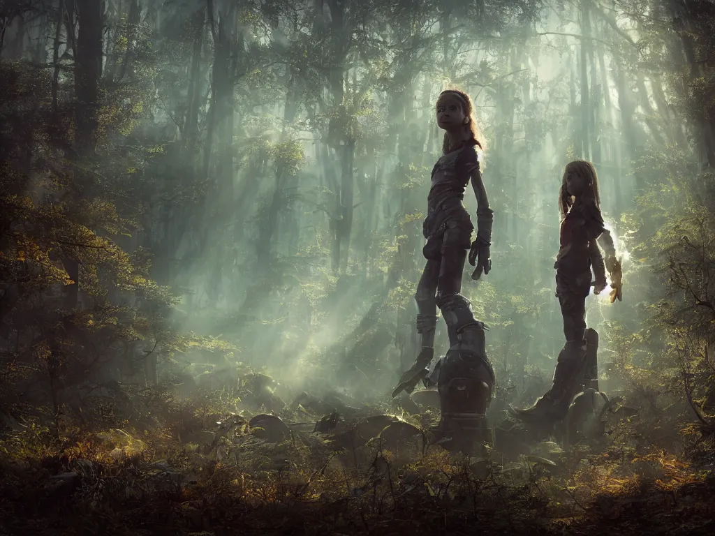 Image similar to the great beyond, sci - fi scene future new york, little girl holding a hand of a big robot, forest punk, crepuscular rays, epic scene, hyper realistic, photo realistic, overgrowth, cinematic atmosphere, ethereal lighting