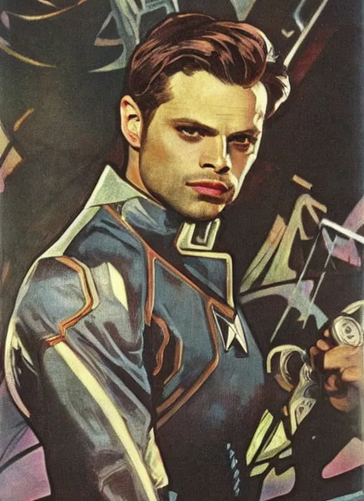 Image similar to sebastian stan as a star trek captain, a still from star trek painted by alphonse mucha. clear highly detailed face, beautiful sci fi art