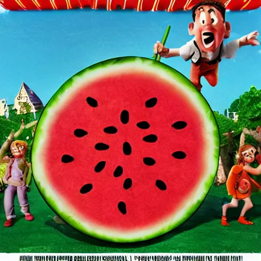 Prompt: a giant watermelon rampage town , movie poster