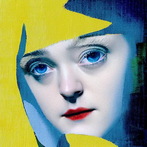 Image similar to Dakota Fanning with short blue hair wearing a yellow raincoat by Dave McKean