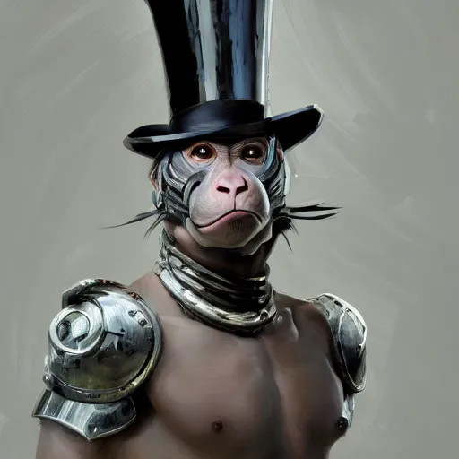 Prompt: photorealistic painting of a monkey with a top hat, partially clothed in metal-plated battle armor, symmetrical face, perfect eyes, intricate, elegant, digital painting, concept art, illustration, sharp focus, minimal artifacts, from Metal Gear, in the style of Ruan Jia and Mandy Jurgens, by Greg Rutkowski, trending on Artstation, award winning