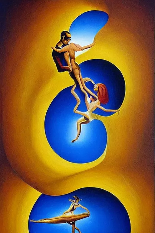 Image similar to optical illusion painting of a couple dancing in a worm hole, illusionism, look twice, mind blow, by damien gilley and salvador dali, detailed