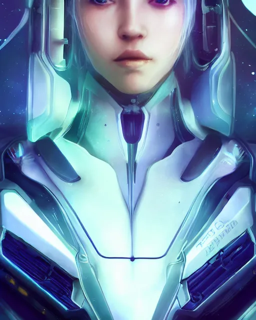 Image similar to perfect android girl on a mothership, warframe armor, beautiful face, scifi, futuristic, galaxy, nebula, raytracing, dreamy, long white hair, blue cyborg eyes, sharp focus, cinematic lighting, highly detailed, artstation, divine, by gauthier leblanc, kazuya takahashi, huifeng huang