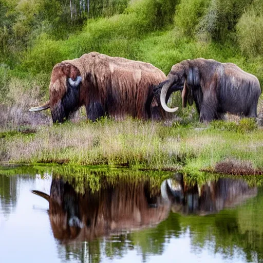 Prompt: wooly mammoth in a pond