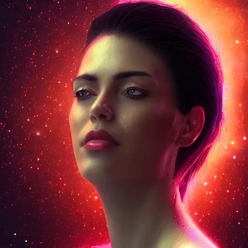 Image similar to woman portrait made out of galaxies, beautiful, cyborg, cinematic, comic book art, realistic, highly detailed, octane render, unreal engine