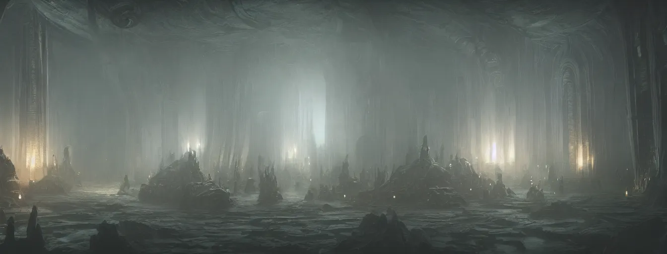 Image similar to dark fantasy biomachanical space ship interior, inside the torture chamber, undead alien guard figures, ethereal, ominous, dramatic cinematic lighting, volumetric 8 k, cryengine, by greg rutkowski, h. r. giger and zdizslaw beksinski, elden ring