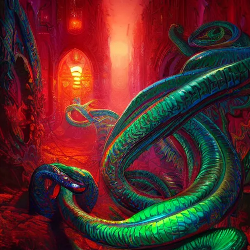 Prompt: hyper detailed ultra sharp, trending on artstation, vibrant aesthetic, bloodwave, colorful, psychedelic, ornate, intricate, digital painting, concept art, smooth, sharp focus, illustration, snakes, art by artgerm and greg rutkowski and h. r. giger, 8 k