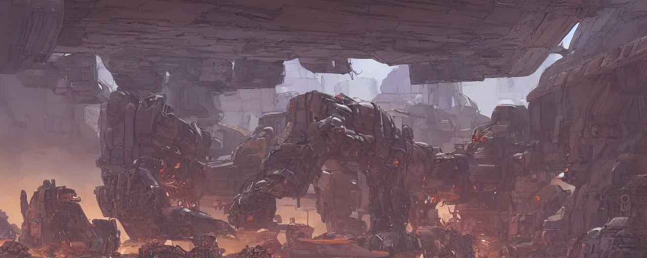 Image similar to comic book illustration, a large battle robot stumbles through a cavernous landing bay after a battle, detailed, artwork by Moebius. Trending on artstation. 8k