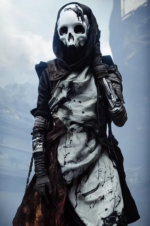 Prompt: Destiny 2 The Witness, the top of their head is becoming skulls made of smoke clouds, beautiful avant garde fashion look and clothes, we can see them from feet to head, highly detailed and intricate, hypermaximalist, techwear, luxury, elite, cinematic, designer fashion, Rick Owens, Yohji Yamamoto, Y3, ACRNYM, outfit photo, eerie fog, super villain lair interior background