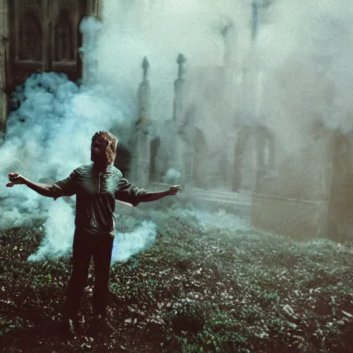 Image similar to dark zuckerberg performing the dark sacrament in the ruins of an old cathedral, vegetation, smoke, steam, dramatic low lighting, ominous, cinestill 8 0 0 t