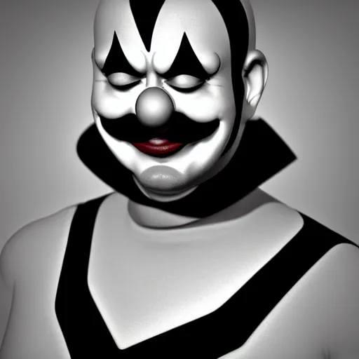 Image similar to a monochrome clown, 3d model, realistic lighting, dynamic reflections