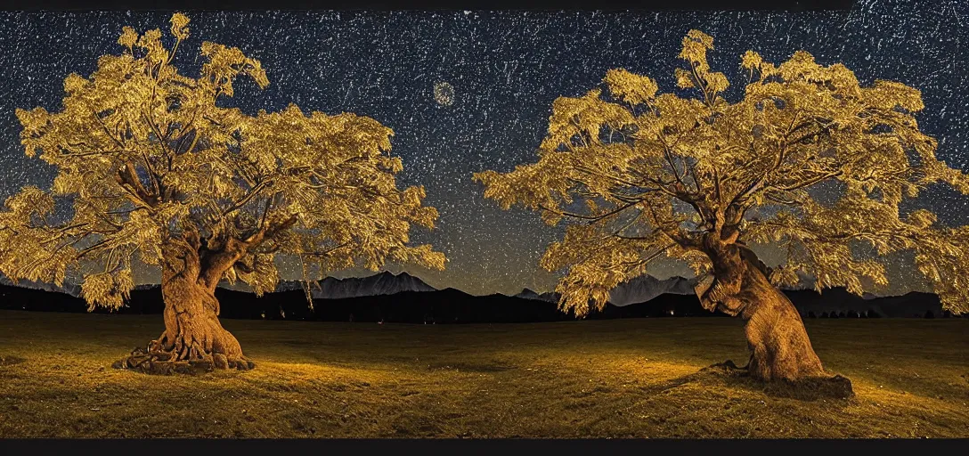Prompt: 8k intricate detailed single chinar tree with kashmir landscape and dark starry night