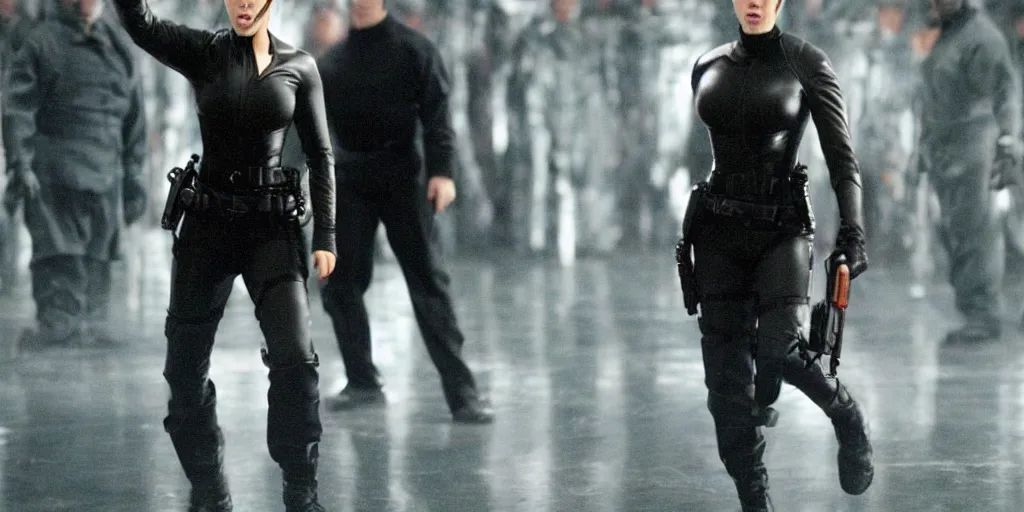Prompt: Scarlett Johansson in a scene from The Matrix Reloaded