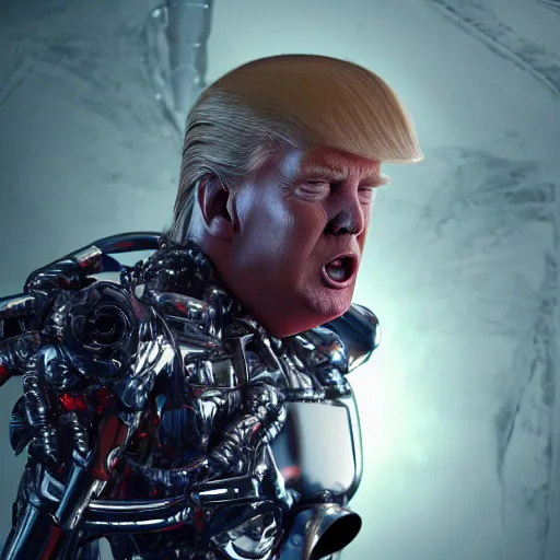 Image similar to donald trump as the terminator full body detailed, ethereal, cyborg biomechanics, covered in blood diamonds and other gems glowing, highly detailed face, evil posed, evil expression, intricate, extremy detailed, beeple, cgsociety, 3 d unreal engine octane render. cinematic lighting, highly detailed 4 k art