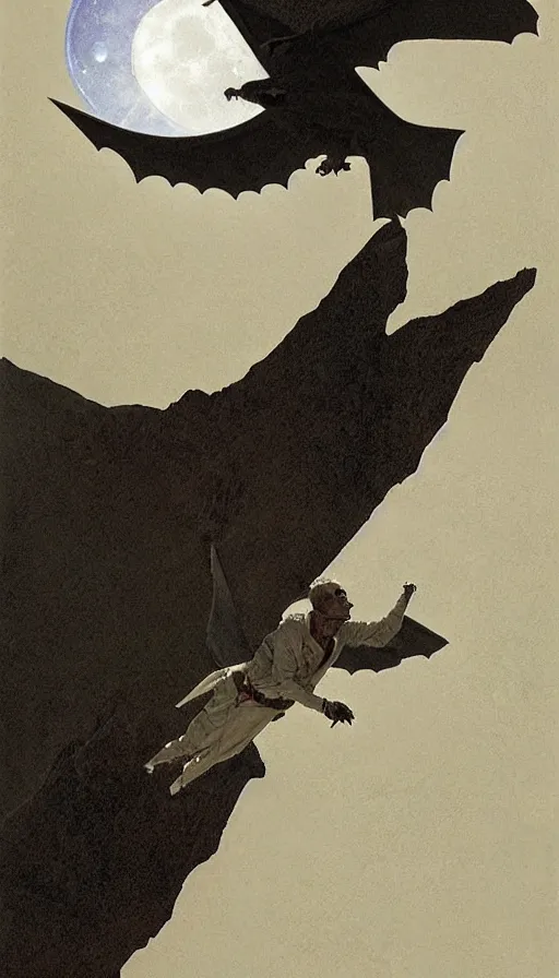 Image similar to a white bat, flying against a black night sky, mountain in the background, moonlight, denoised, very detailed, painted by james gurney, norman rockwell, tom bagshaw