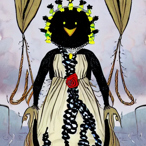 Image similar to crow in a yacht wearing a tulle dress with a crown made up of snakes