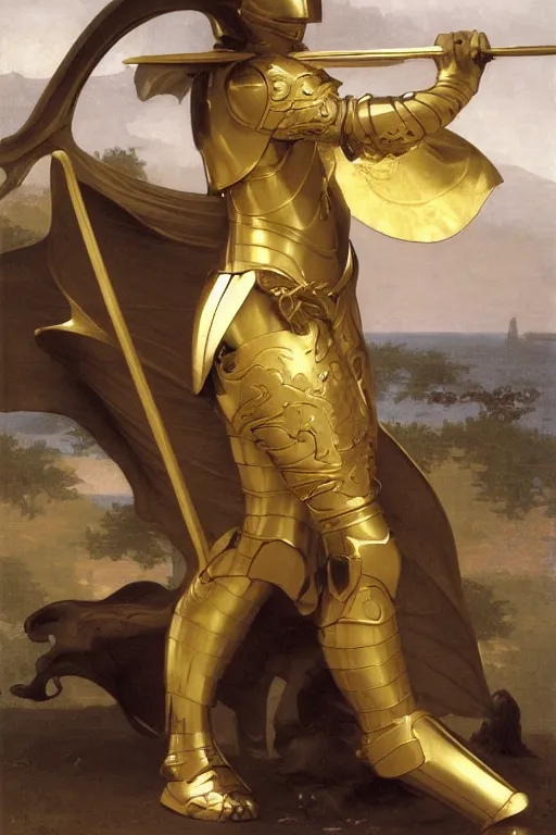 Image similar to a knight in gold armor battling a dragon style of William Adolphe Bouguereau