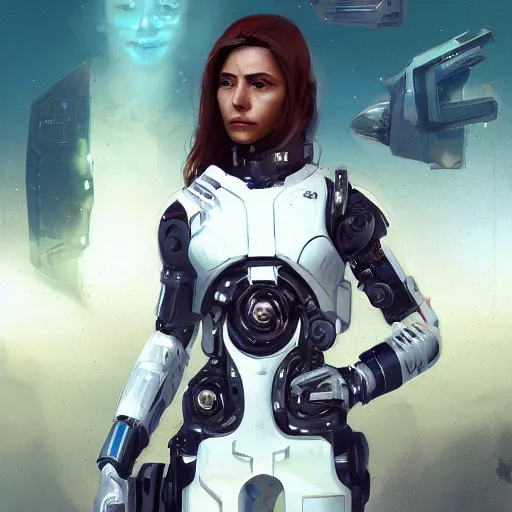 Prompt: a middle eastern starship medical officer with cybernetic enhancements, female, sci fi character portrait by greg rutkowski, craig mullins