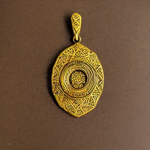 Prompt: african golden amulet, ornate details, damaged, patterns and symbols all around the amulet, clean white background