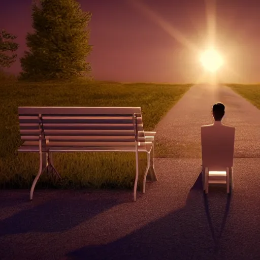 Prompt: A detailed 8K Cinematic Movie Photograph of a lonely android sitting on a bench at the side of a deserted highway, with lens flare, Award-Winning Art trending on ArtStation