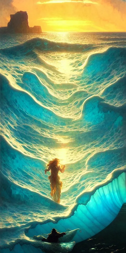 Image similar to ocean wave around ancient translucent iceberg, lsd water, dmt ripples, backlit, sunset, refracted lighting, art by collier, albert aublet, krenz cushart, artem demura, alphonse mucha