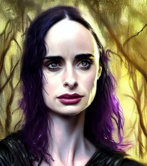 Image similar to 5 5 mm close up portrait photo of krysten ritter as yennefer of vengerberg in black leather armor and long black thick hair who has purple eyes, in a forest. magical atmosphere. art by greg rutkowski. lifelike. very detailed 8 k. intricate. soft light. nikon d 8 5 0.