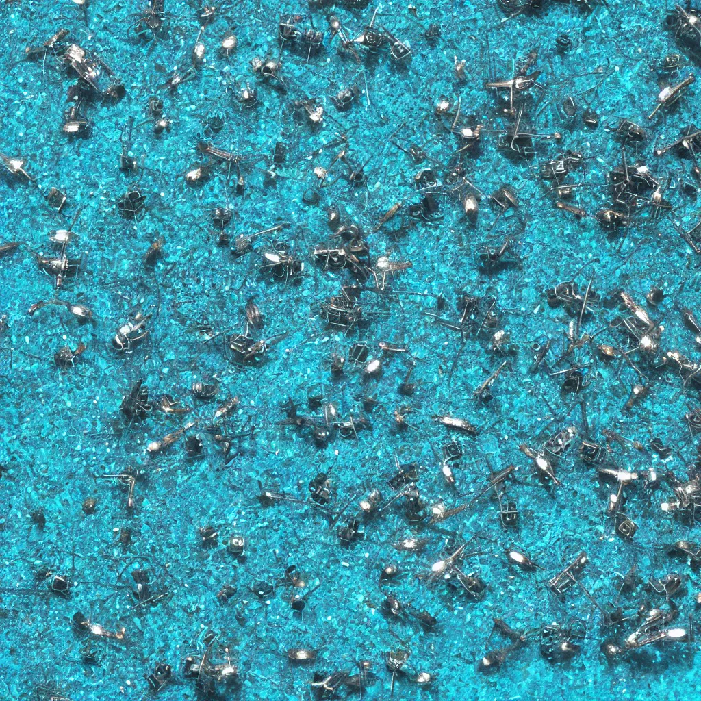 Prompt: photograph of metal robotic microfauna in blue water from scientific magazine