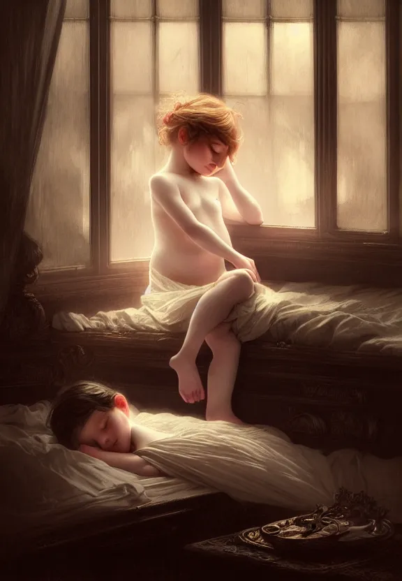 Prompt: innocent child sleeping in a moody beautiful victorian bedroom, fantasy magic, dark light night, intricate, elegant, sharp focus, illustration, highly detailed, digital painting, concept art, matte, art by wlop and artgerm and greg rutkowski and alphonse mucha, masterpiece