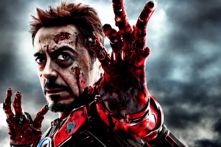 Image similar to film still of zombie zombie Tony Stark as a zombie in new avengers movie, 4k