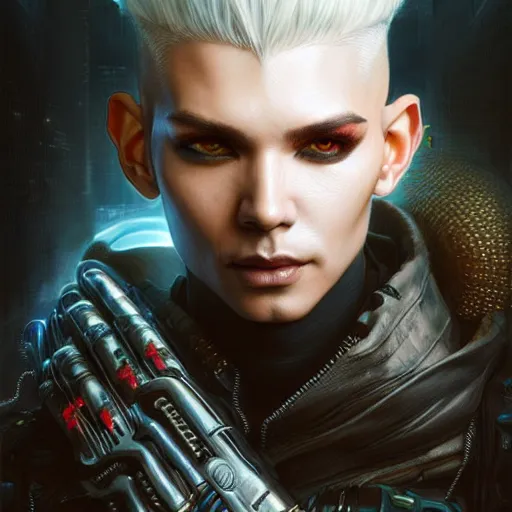 Image similar to portrait painting of a cyberpunk elf mercenary bill kaulitz, ultra realistic, concept art, intricate details, eerie, highly detailed, photorealistic, octane render, 8 k, unreal engine. art by artgerm and greg rutkowski and charlie bowater and magali villeneuve and alphonse mucha