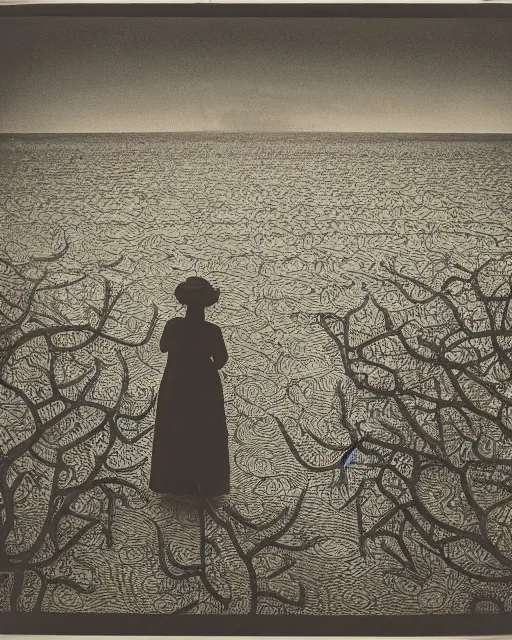 Image similar to a woman standing at the shore, made of intricate decorative lace leaf skeleton, in the style of the dutch masters and gregory crewdson, dark and moody