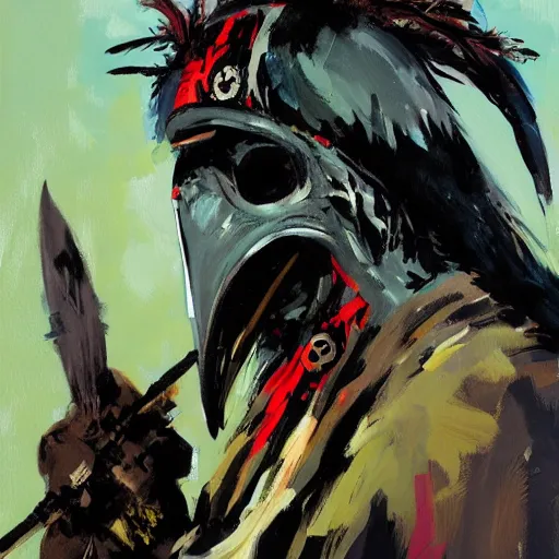 Prompt: painting of mobieus shaman wearing Raven mask comic cover art by ashley wood , 4K post processing