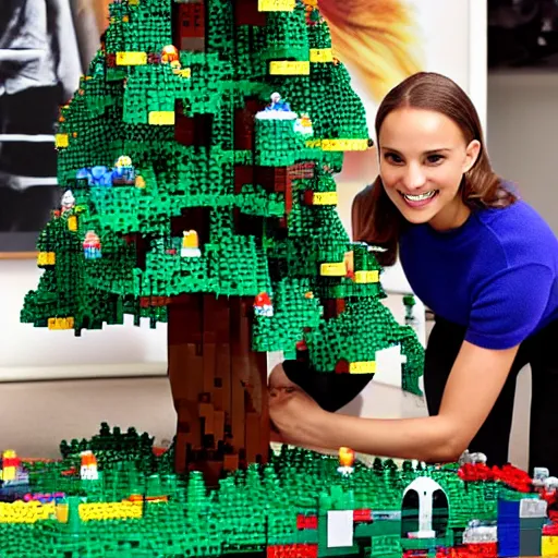 Prompt: Natalie Portman building a giant tree of LEGO