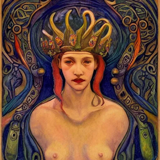 Prompt: the tentacle crown, by Annie Swynnerton! and Nicholas Roerich and (((Diego Rivera))), bioluminescent skin, tattoos, elaborate costume, geometric ornament, symbolist, rich colors, dramatic lighting, smooth, sharp focus, extremely detailed