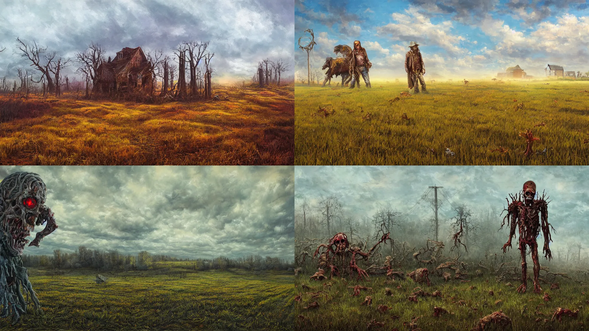 Prompt: Midwest countryside, giant zombie, , award-winning fantasy art, Oil Painting
