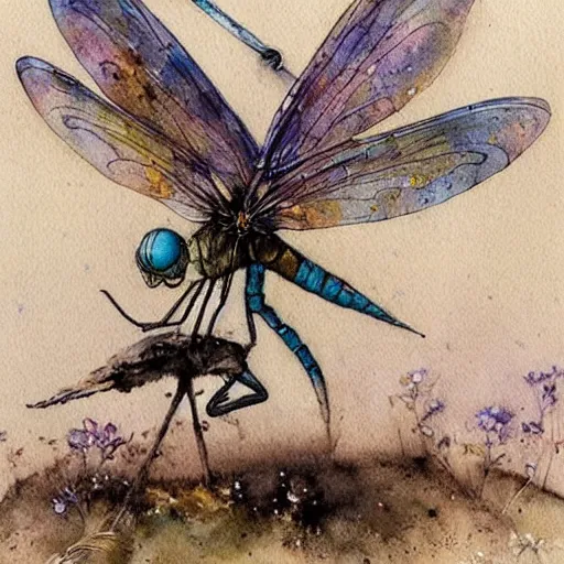 Image similar to a fairy riding a dragonfly, muted color, watercolor ink illustration, painterly, splatters, detailed, by jean - baptiste monge, by alan lee