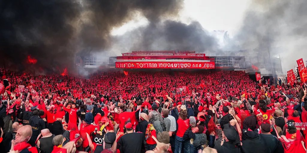 Image similar to old trafford theatre of dreams on fire during protest against the glazers, # glazersout, chaos, protest, banners, placards, burning, pure evil, 8 k, by stephen king, wide angle lens, 1 6 - 3 5 mm, symmetry, cinematic lighting