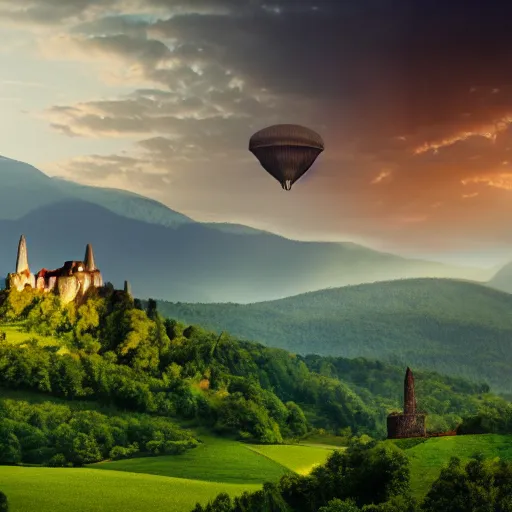 Image similar to Vast verdant valley surrounded by Transylvanian mountains, with a large zeppelin hovering in the foreground, and a ruined medieval castle on the hillside in the background. Late evening light in the summer, gloomy weather. Hyperrealistic, high quality, sharp, photography.