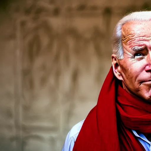 Image similar to portrait of president joe biden as afghan man, green eyes and red scarf looking intently, photograph by steve mccurry