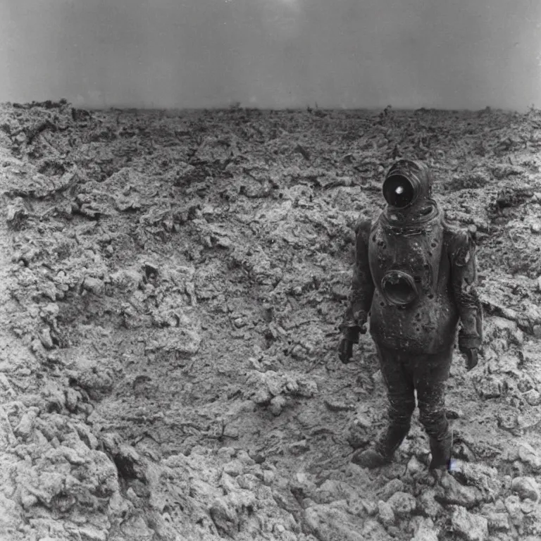 Image similar to A daguerreotype photo of mark V deep sea diving suit standing on a WWI battlefield, mud, craters, dead trees, desolate, smoky