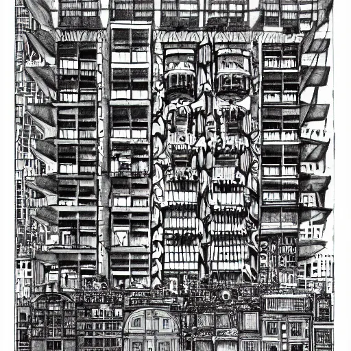 Image similar to a black and white drawing of a building, a detailed mixed media collage by hiroki tsukuda and eduardo paolozzi, intricate linework, sketchbook drawing, street art, polycount, deconstructivism, matte drawing, academic art, constructivism