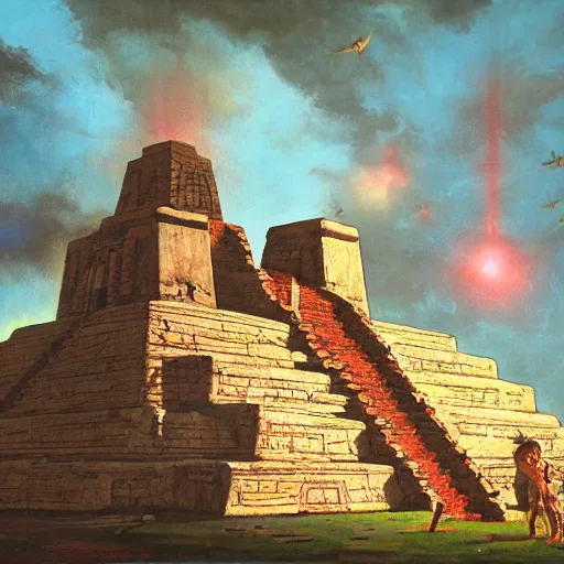 Prompt: an Aztec temple with a alien ship above it, warm lighting, 19th venture painting