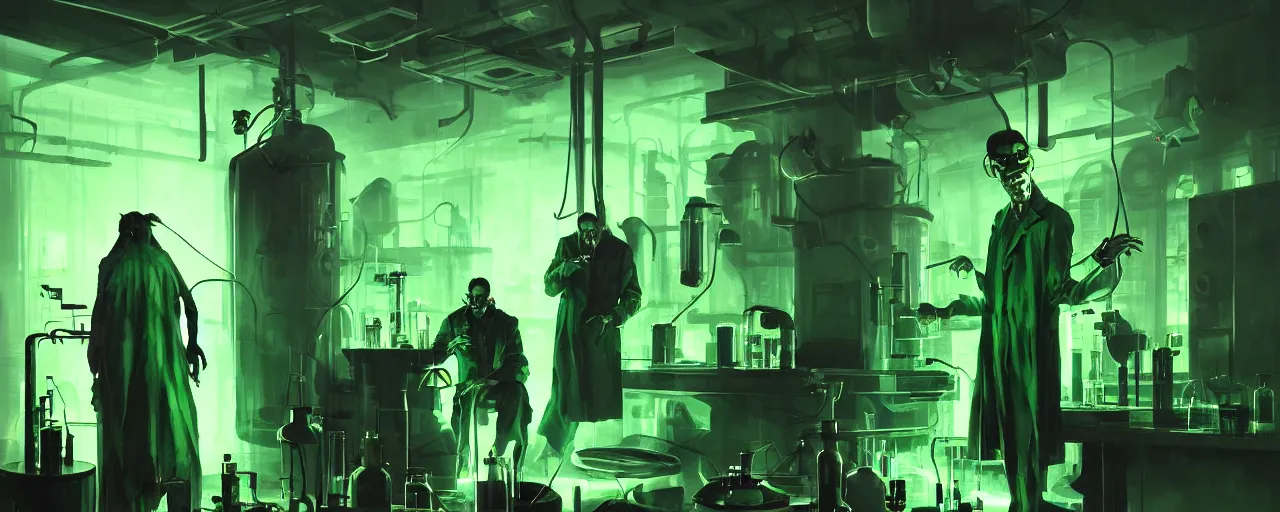 Image similar to duotone noir dark ghastly green concept illustration 3 / 4 portrait of frankenstein in laboratory. cinematic scene film noir. volumetric lighting. golden rario accidental renaissance. by sachin teng and sergey kolesov and ruan jia and heng z. graffiti art, scifi, fantasy, hyper detailed. octane render. concept art. trending on artstation