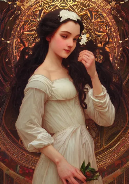 Image similar to snow white dance, intricate, elegant, highly detailed, digital painting, artstation, concept art, smooth, sharp focus, illustration, art by artgerm and greg rutkowski and alphonse mucha and william - adolphe bouguereau