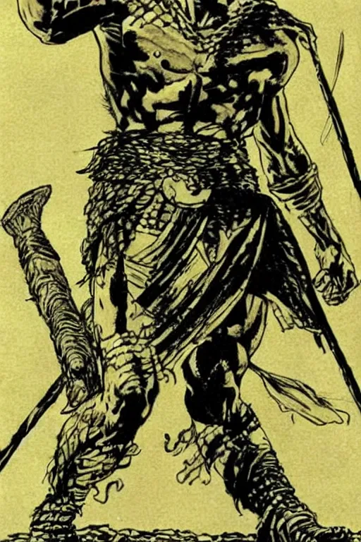 Image similar to ancient historically accurate depiction of the Bible Character Goliath of Gath, the Philistine warrior giant by frank miller